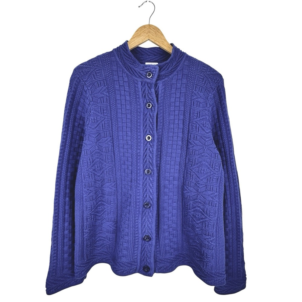 LL Bean Womens Textured Knit Cardigan‎ Sweater L Blue 100% Cotton Button Preppy